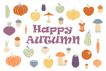 A set of autumn vegetables, mushrooms, apples and nuts. vector illustration