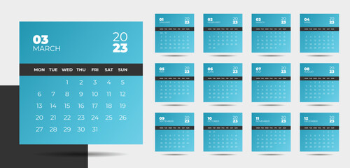 2023 calendar planner design template vector week start Monday.