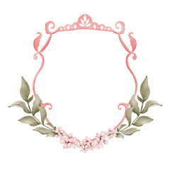 Wedding crest with floral ornament. Watercolor pink frame with cherry blossom flower suitable for wedding, invitation, card etc