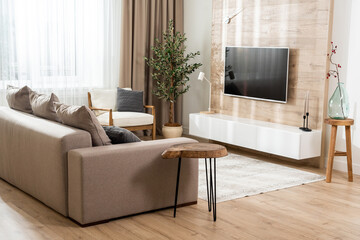 Sofa in the living room in a modern apartment with a convenient location