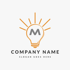 Letter M Electric Logo, Letter M With Light Bulb Vector Template.