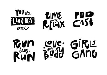 Motivation emotional lettering phrases set. Hand drawn black color text modern typography.