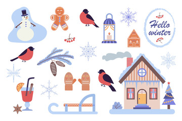 A set of simple illustrations on the theme of winter. vector illustration