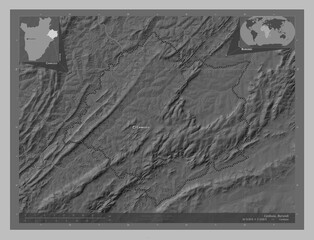 Cankuzo, Burundi. Grayscale. Labelled points of cities