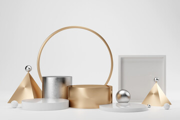 3d rendering luxury white marble pedestal creative podium and gold plate modern geometry on white background for product showcase display