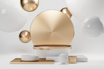 3d rendering luxury white marble pedestal creative podium and gold plate modern geometry on white background for product showcase display