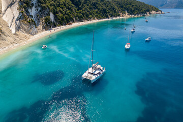 Obraz premium Aerial photo of the paradise beach of Gidaki in Ithaca, the beautiful Ionian island of Greece.