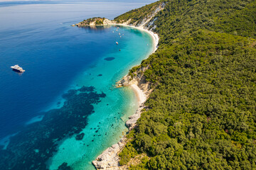 Obraz premium Aerial photo of the paradise beach of Gidaki in Ithaca, the beautiful Ionian island of Greece.