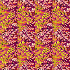 Hand drawn branch mosaic seamless pattern. Leaves tile. Botanical endless wallpaper.