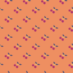Hand drawn cherry berries and leaves seamless pattern. Hand drawn cherries wallpaper. Fruits backdrop.