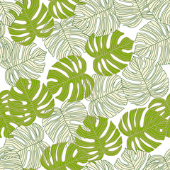 Contoured outline monstera silhouettes seamless pattern. Palm leaves endless background. Botanical wallpaper.
