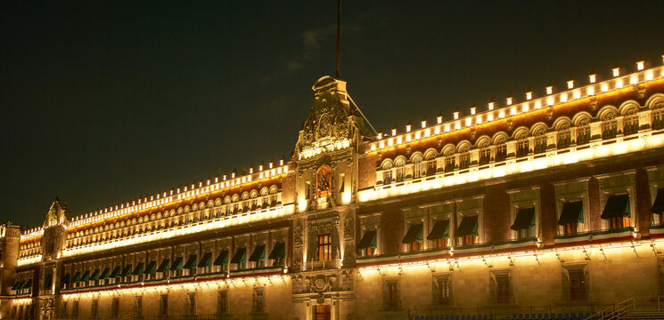 Mexico City Government Building at night.