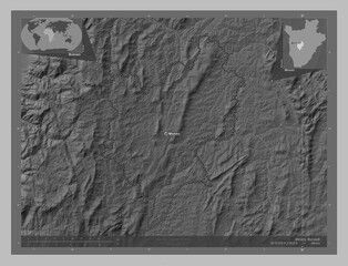 Mwaro, Burundi. Grayscale. Labelled points of cities