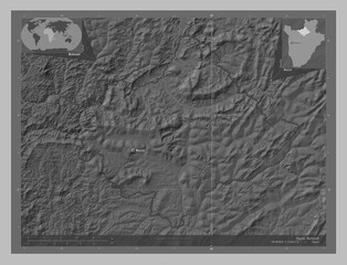 Ngozi, Burundi. Grayscale. Labelled points of cities