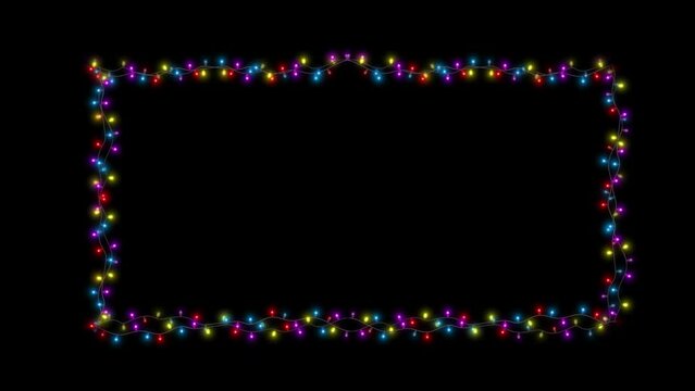 4K String of colorful light bulbs. Looping Christmas holiday themed frame pattern glowing lights. party, Christmas or new year, festival, Anniversary, Celebration, Happy Birthday, Wedding, Diwali.