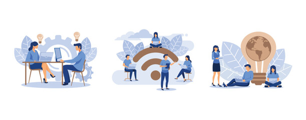 Internet assistant at work, public free wireless connection wireless point Wi-Fi, save energy and planet, set flat vector modern illustration