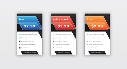 Website subscription pricing table design template