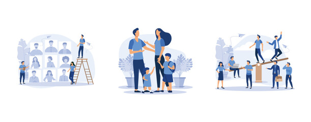 Fototapeta na wymiar business company is looking for an employee for a job, mother father daughter son holding hands and hugging, groups of people on a swing and outweighs them, set flat vector modern illustration