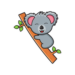 Cute koala sitting on branch holding basketball cartoon icon illustration