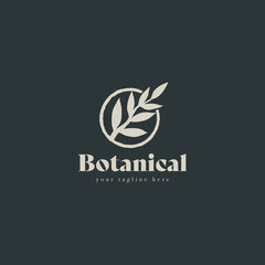 Obraz premium Plant branch hipster minimal logo vector with leaf simple line outline icon. Branch Leaf Monoline Lineart Logo template vector illustration