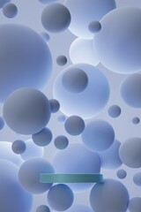 3D redering illustration stage podium blue and blue bubbles.