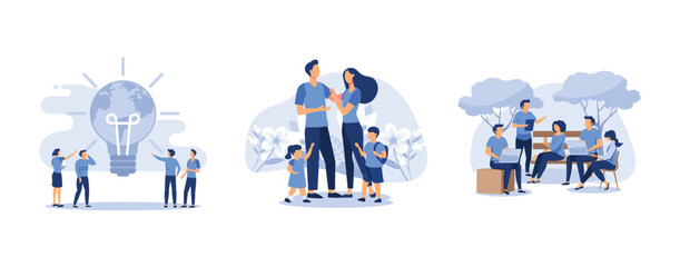 save energy and planet, mother father daughter daughter son cuddling together near, businessmen discuss social network, set flat vector modern illustration