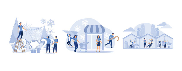 people rejoice and welcome the New 2022 year at home, pedestrians hurry with gifts on their own business, the year of the pig, set flat vector modern illustration