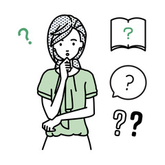 立って手をあごにあてて疑問を感じているオフィスカジュアルの女性 クエスチョンマークのセット