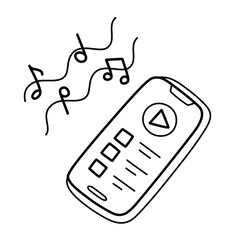 Modern phone with music platform, doodle illustration of playlist in smartphone, music player in cell phone, vector icons, isolated outline clipart on white background