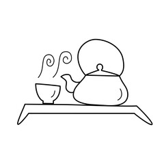 Tea ceremony hand drawn set, doodle icons of teapot and cup on low table, vector illustration of items for tasting meditation and relaxation, isolated outline clipart on white background