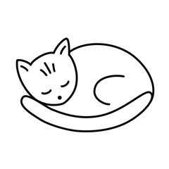 Sleeping cat doodle icon, vector illustration of a kitten curled up in a ball,  isolated outline clipart on white background