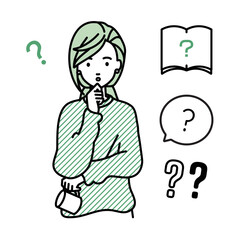 立って手をあごにあてて疑問を感じているリモートワークの女性 クエスチョンマークのセット