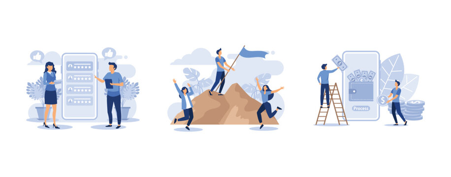 small people fill out the form, businesspeople conquer the mountain, Financial services, set flat vector modern illustration