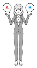 比較するビジネスウーマン 笑顔 スーツを着た女性 正面 全身