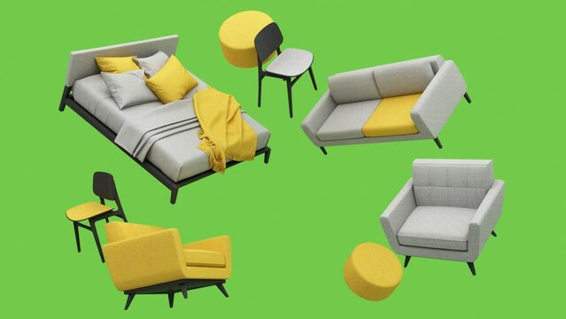 pastel sofa surrounding by coffee table armchair bed and plant pot Furniture that is floating and spinning on a green screen background for customization minimal concept 3d rendering looped animation