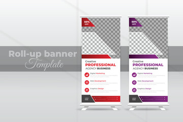 Roll up banner stand template design, blue banner layout, advertisement, pull up, polygon background, vector illustration, business flyer, display, flag-banner, infographics, presentation