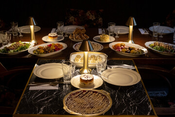 Various Russian appetizers (sakuski) are on the set table at the Russian restaurant Voland in Berlin.