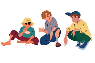 Illustration of young boys sitting and talking. Element, poster, banner.