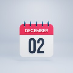 December Realistic Calendar Icon 3D Rendered Date December 02