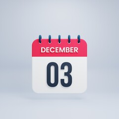 December Realistic Calendar Icon 3D Rendered Date December 03