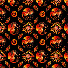watercolor bright seamless pattern orange dragon black background