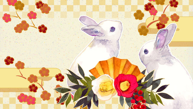 卯年　うさぎの水彩イラストの年賀状