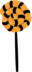 Spiral Halloween candy on stick. Lollipop. in black and orange colors.