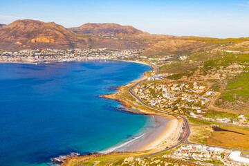 Elevated view of Glencairn beach and Simon's Town in Cape Town.