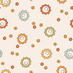 Seamless pattern retro 1970s hippie. Psychedelic groove elements. Background with flower and smiley face in vintage style. Illustration with positive symbols for wallpaper, fabric, textiles. Vector