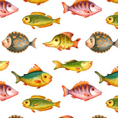 colorful fish stylized hand drawn seamless pattern