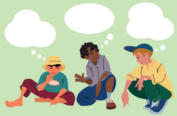 Illustration of young boys of different races sitting and talking. Element, poster, banner.