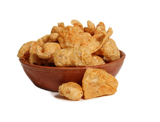 Bowl of Fried Pork Skins Isolated on White Background
