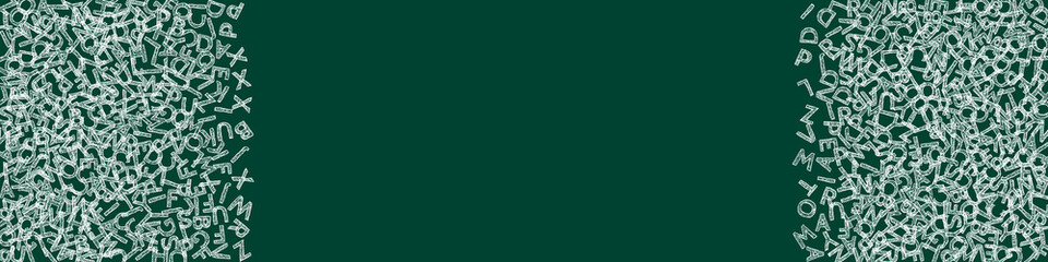 Falling letters of English language. Chalk sketch flying words of Latin alphabet. Foreign languages study concept. Posh back to school banner on blackboard background.