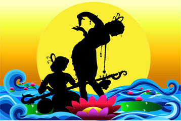 Indian musical art, apsara, dance form, musical eqipment, Lotus, River water with indian beautifull woman, background artwork canvas oil painting. Creative Artistic 3D wallpaper